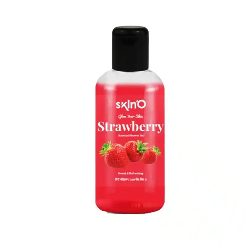 SkinO Strawberry Scented Shower Gel 220ml in a translucent pink bottle with white cap, upright. - thumbnail