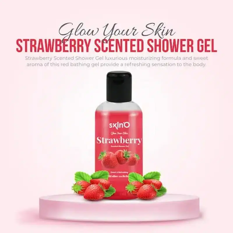 Angled view of SkinO Strawberry Scented Shower Gel 220ml, showing the rounded pink bottle. - thumbnail