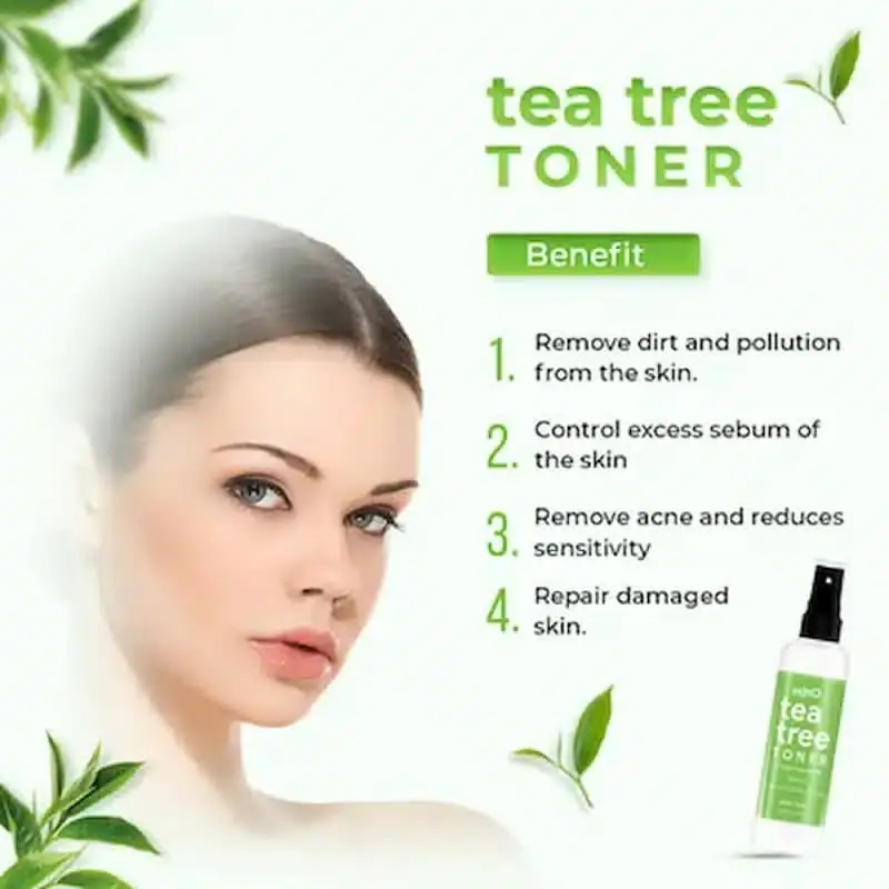 Angled view of SkinO Tea Tree Toner 100ml bottle tilted on its side, showcasing the full product label. - thumbnail