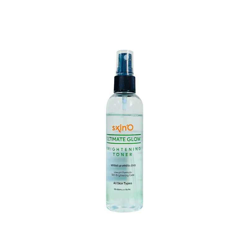 SkinO Ultimate Glow Brightening Toner 100ml bottle, clear with white cap and pinkish liquid. - thumbnail