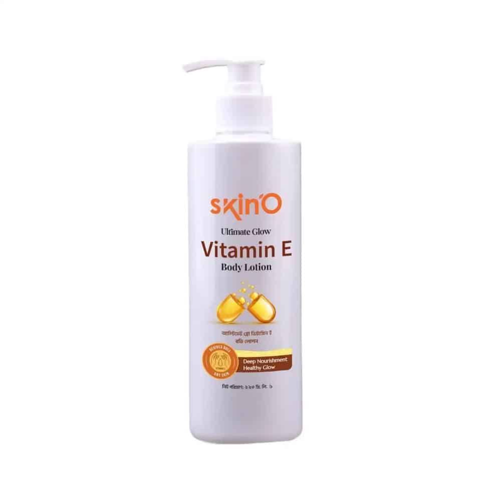 SkinO Ultimate Glow Vitamin E Body Lotion 220ml white bottle with pink cap, front view. - thumbnail