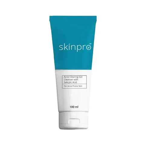 Skinpro Acne Clearing Gel Cleanser, white pump bottle with light green label, front view.