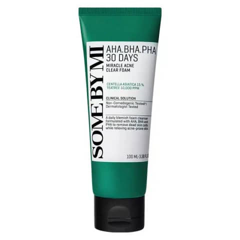 SOME BY MI AHA BHA PHA Miracle Acne Clear Foam, 100ml white tube with green cap, front view.