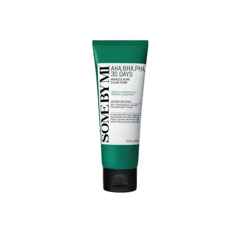 SOME BY MI green and white 50ml Acne Clear Foam tube, standing upright.