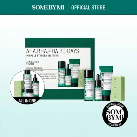 SOME BY MI AHA BHA PHA 30Days Starter Kit with four green and white skincare bottles.