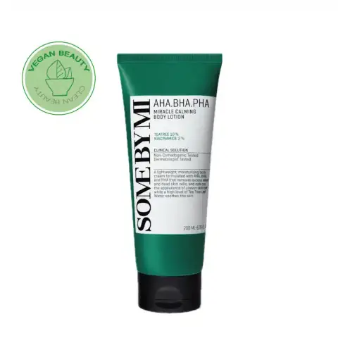 SOME BY MI AHA BHA PHA Miracle Calming Body Lotion, 200ml white tube, standing upright.