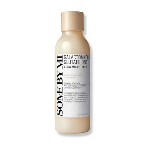 SOME BY MI Galactomyces Glutathione Glow Milky Toner 200ml in a white bottle, front angled view.