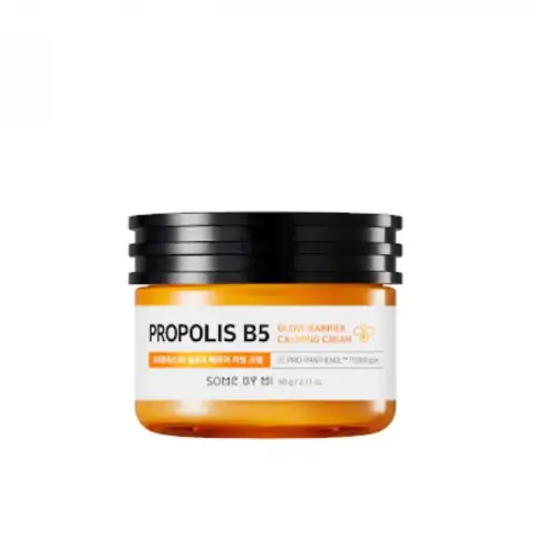 SOME BY MI Propolis B5 Calming Cream 60g, glossy yellow jar with brown lid, front view.