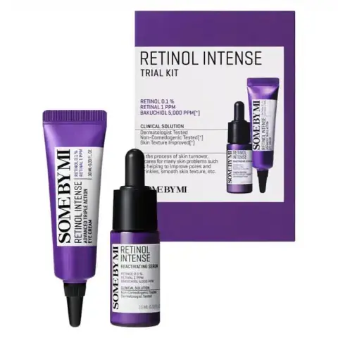 SOME BY MI Retinol Intense Trial Kit: serum bottle, purple eye cream, and renewing cream tube.