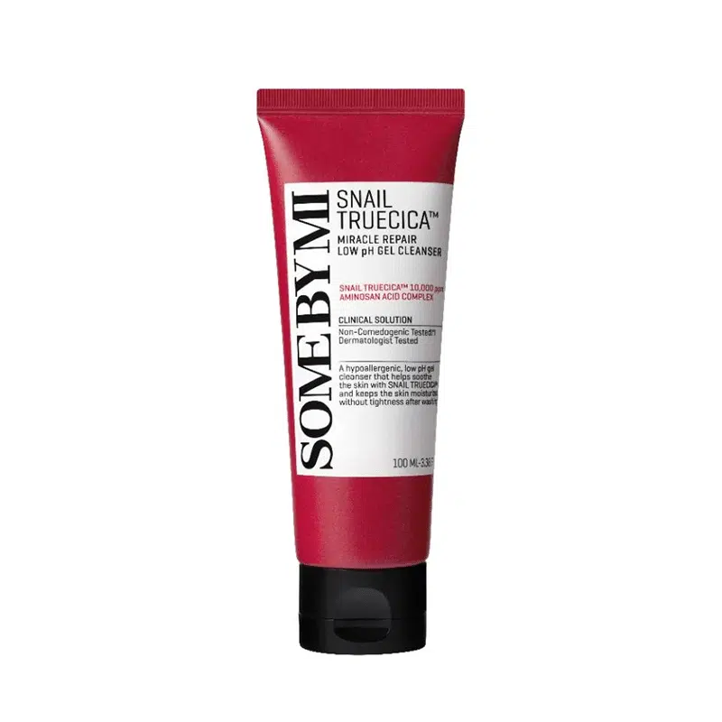 SOME BY MI Snail Truecica Low pH Gel Cleanser white squeeze tube with dark green cap, upright.