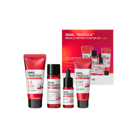 SOME BY MI Snail Truecica Miracle Repair Starter Kit, showcasing four green skincare products arranged side-by-side.