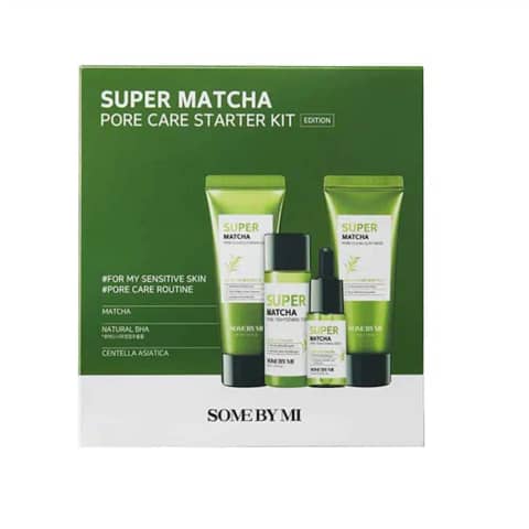 SOME BY MI Super Matcha 4-piece pore care starter kit, featuring green toner, serum, cleanser, and mask.