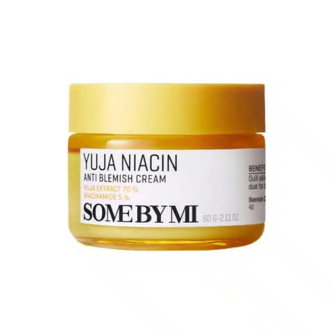 SOME BY MI Yuja Anti Blemish Cream 60ml jar with lid off, showing smooth yellow cream.