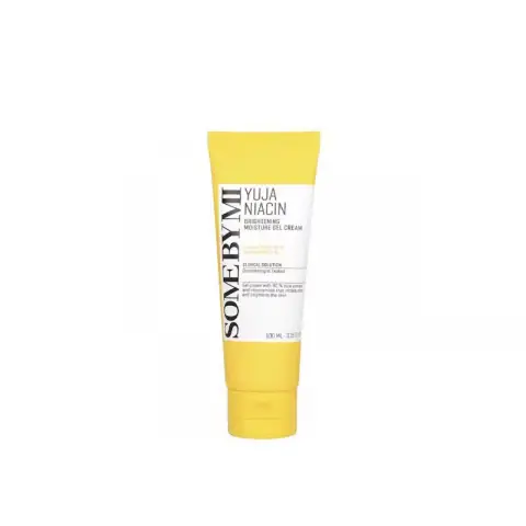 SOME BY MI Yuja Niacin Brightening Moisture Gel Cream in a translucent yellow jar with white lid.
