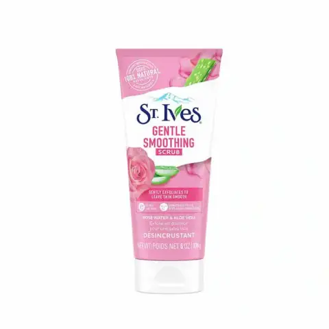 Front view of St Ives Gentle Smoothing Rosewater and Aloe Vera Facial Scrub in a pink tube.