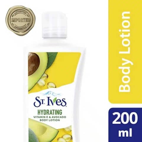 St. Ives white hydrating body lotion bottle with a green flip-top cap, Vitamin E and Avocado, 200ml.
