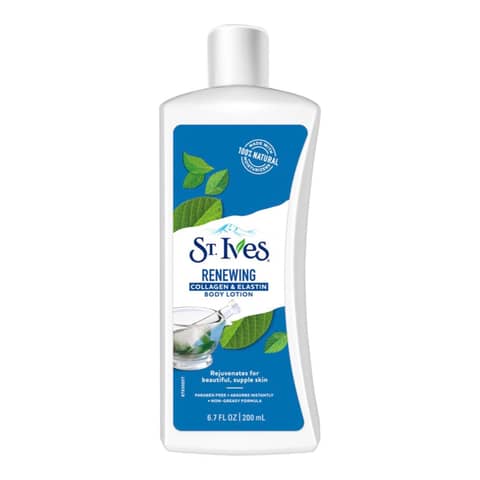 St. Ives Renewing Collagen & Elastin Body Lotion 200ml, white tube, blue flip-top cap, front view.