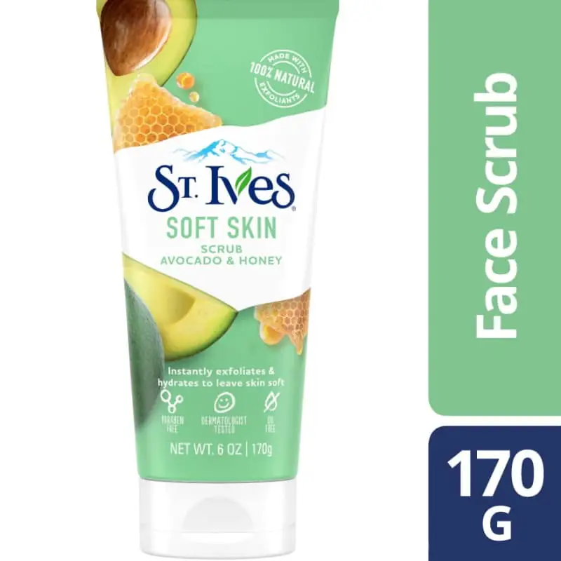 Rear view of St. Ives Soft Skin Avocado & Honey Scrub 170g green tube, displaying product details. - thumbnail