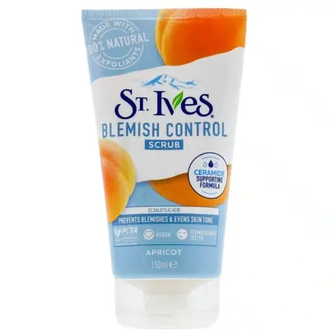 StIves 150ml blemish control scrub in an upright orange and white tube, front view.