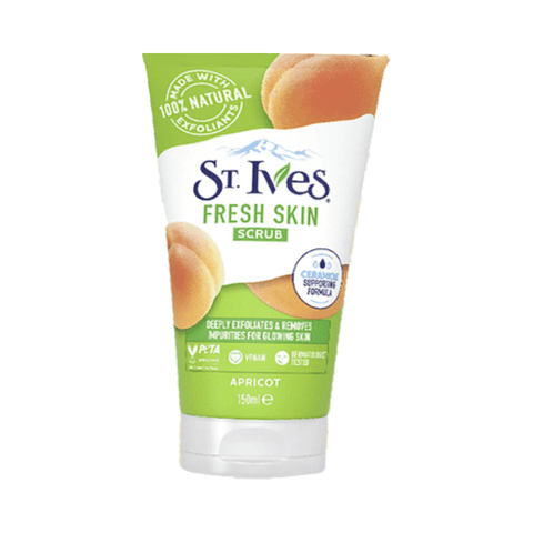 StIves Fresh Skin Apricot Scrub 150ml, green tube with white flip-top cap, front view.
