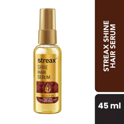 Streax Hair Serum Vitalized With Walnut Oil 55ml, full bottle, front view, clear amber pump.