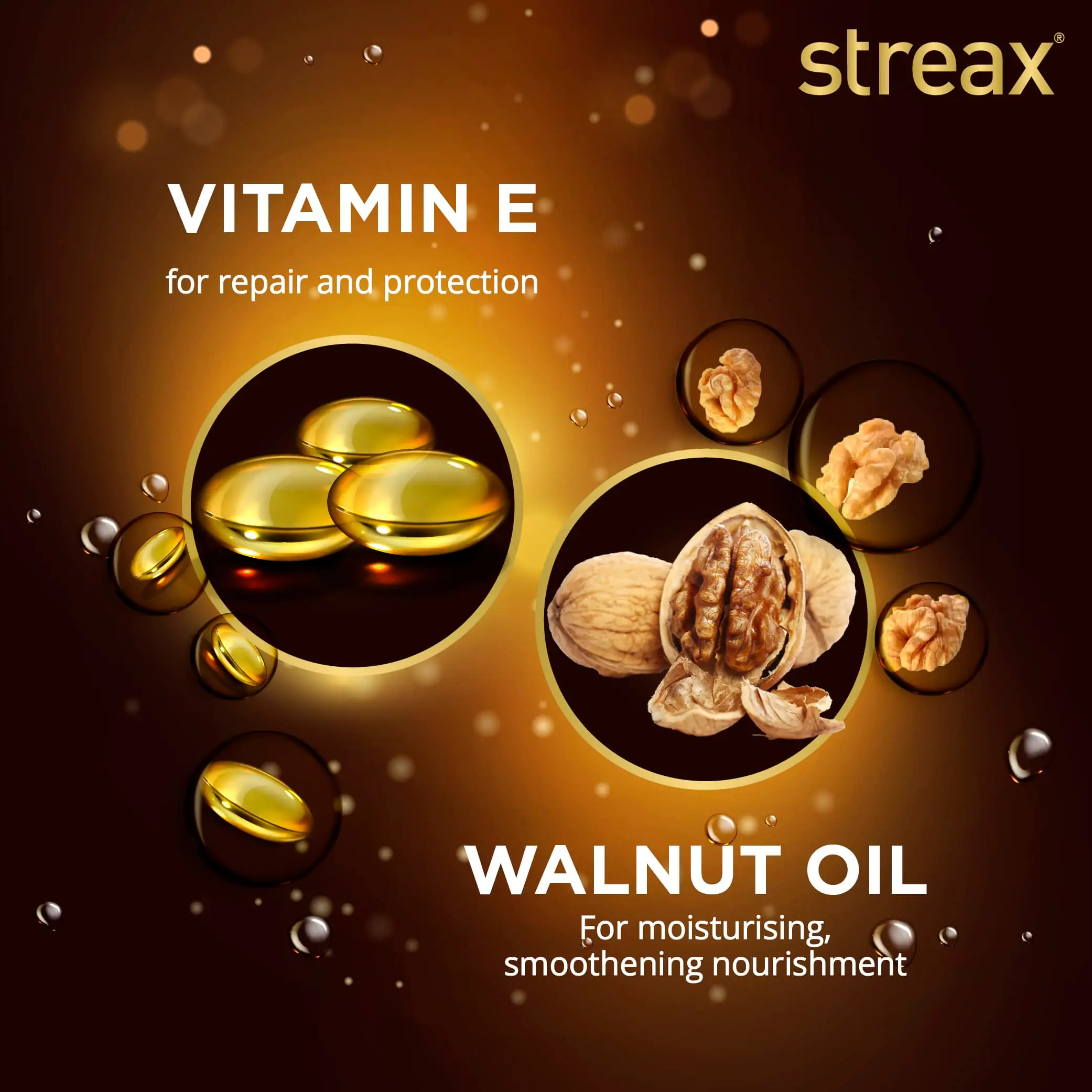 Streax Hair Serum bottle with walnuts and green leaves, highlighting natural walnut oil. - thumbnail