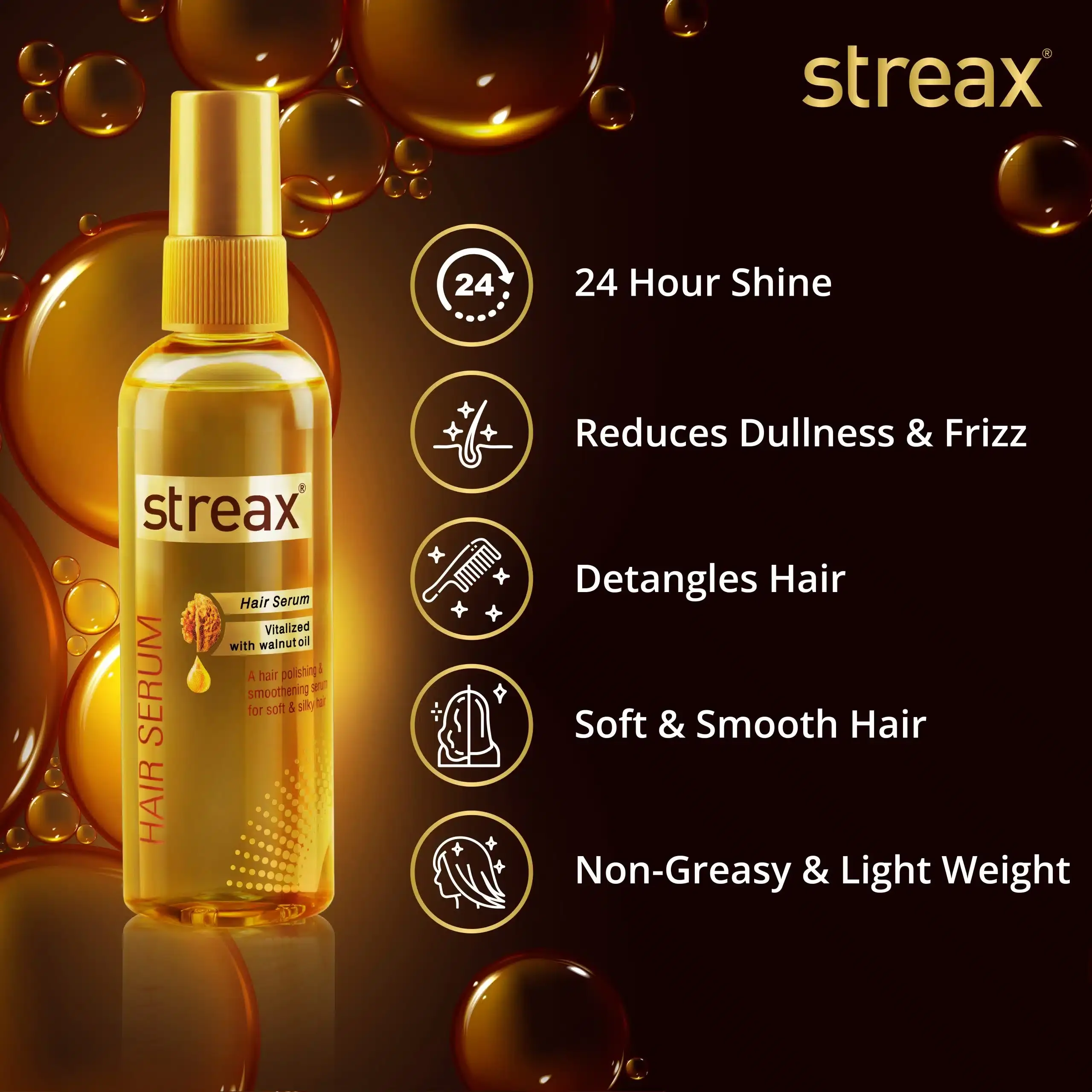 Close-up of Streax Hair Serum's golden pump dispenser and top part of the bottle. - thumbnail