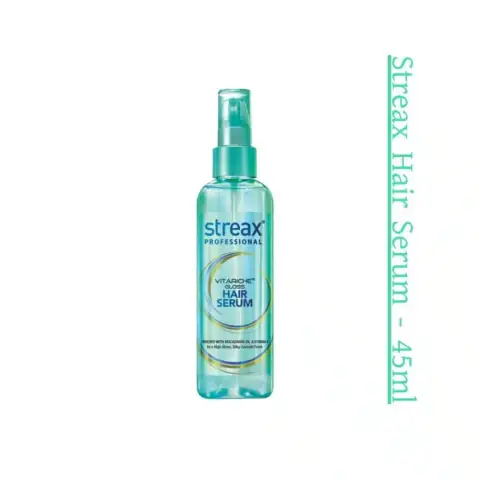Streax Vitariche Gloss Hair Serum 45ml in its distinctive golden pump bottle, standing upright.