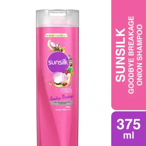 Full purple Sunsilk Shampoo Onion & Jojoba Oil 375ml bottle with gold cap on white background.