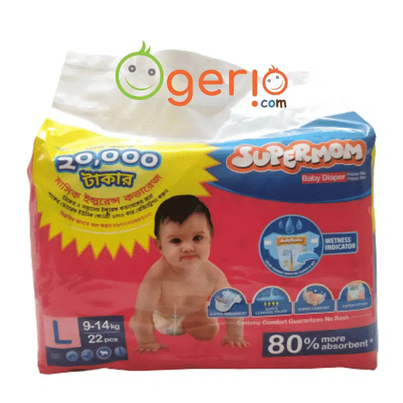 Square SUPERMOM Baby Diaper Belt L, 22 pieces (9-14kg), white and blue packaging.