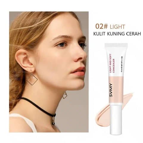 SVMY Liquid Concealer Waterproof 02 Light, beige tube with black cap, standing upright.