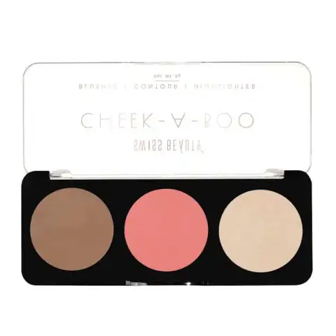 Closed Swiss Beauty 3-in-1 face palette in glossy black compact, front-angled view, logo visible.
