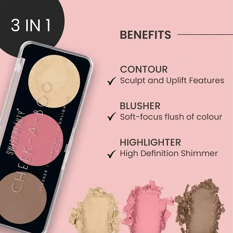 Swiss Beauty 3-in-1 face palette open, showing blush, contour, highlighter powders and mirror. - thumbnail