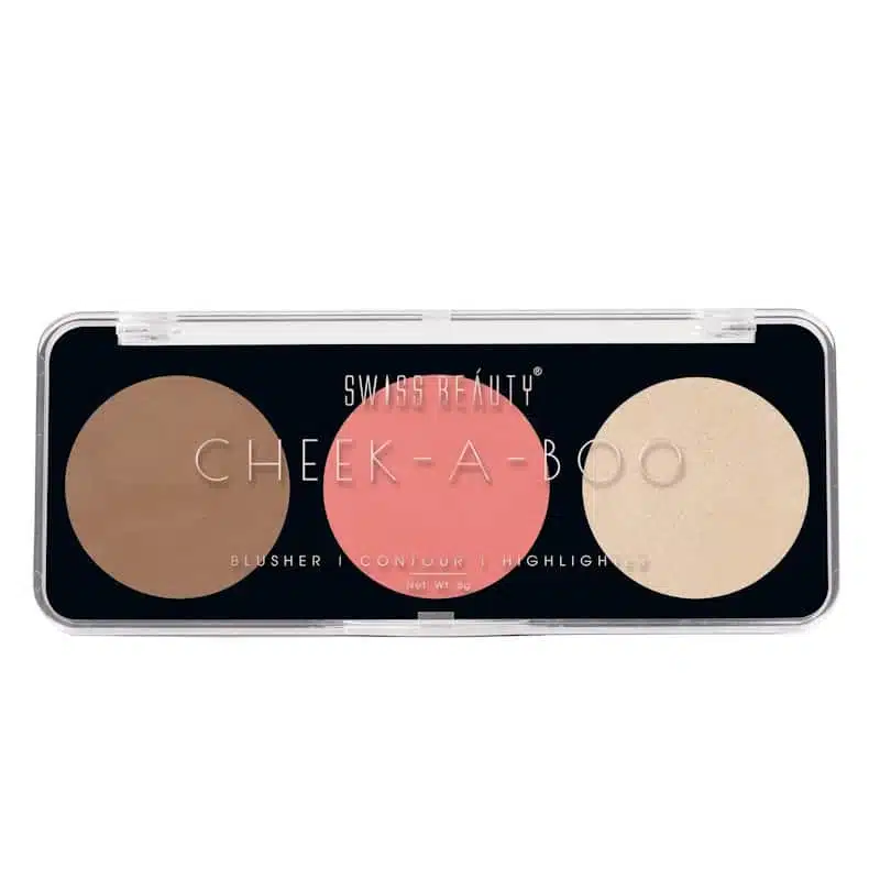 Swiss Beauty 3-in-1 face palette open, showing peachy blusher, brown contour, champagne highlighter. - thumbnail