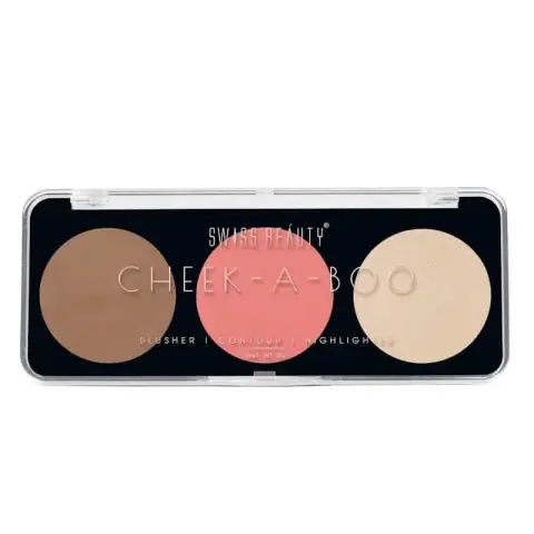 Swiss Beauty 3-in-1 face palette open, showing peachy blusher, brown contour, champagne highlighter.