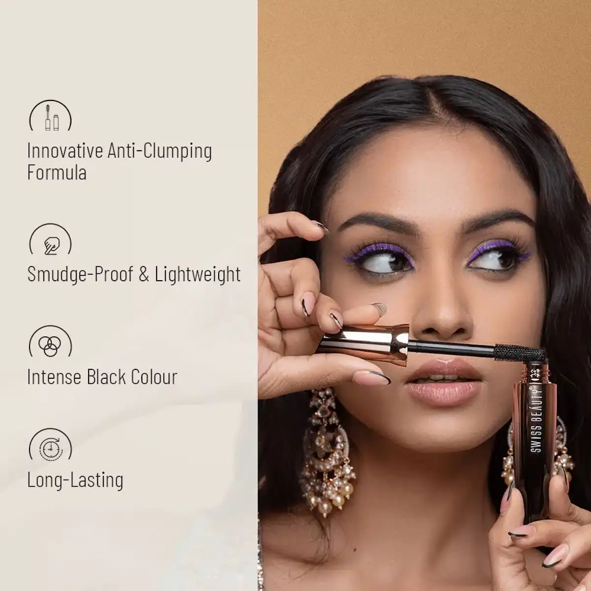 Swiss Beauty 4D Mascara black tube lying horizontally with extended wand and precise brush. - thumbnail