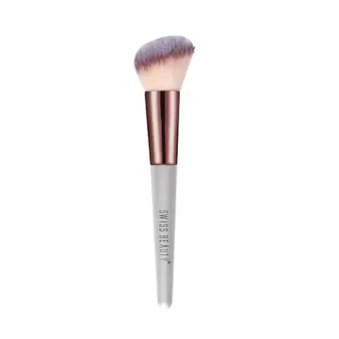 Full view of Swiss Beauty angled blusher brush with soft, white-tipped bristles and black handle.