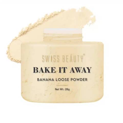 Open Swiss Beauty Banana Loose Powder compact, revealing yellow powder and a white applicator puff.