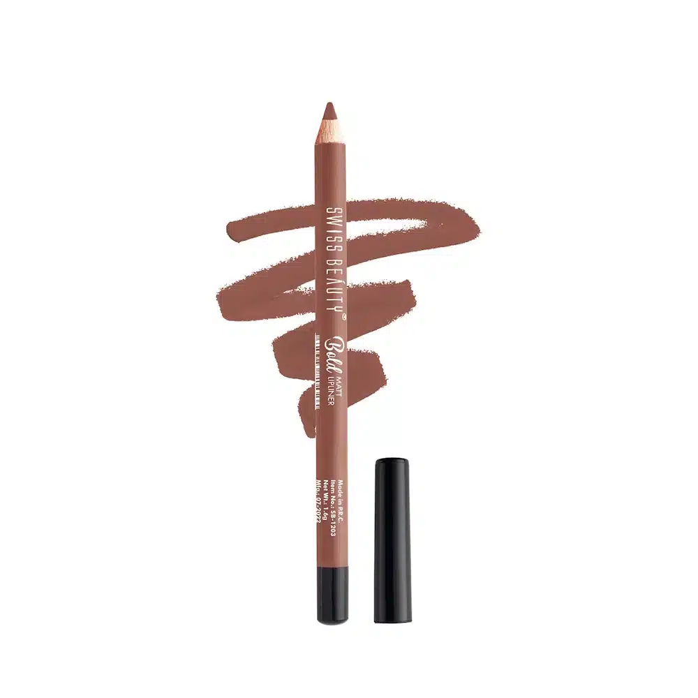 Swiss Beauty Bold Matt Lip Liner in Choco Nude 03 standing upright, showcasing its sleek matte black packaging. - thumbnail