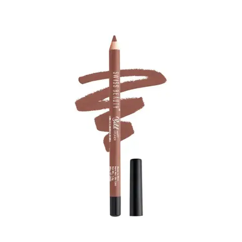 Swiss Beauty Bold Matt Lip Liner in Choco Nude 03 standing upright, showcasing its sleek matte black packaging.