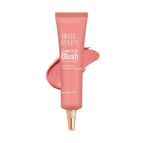 Swiss Beauty Cream It Up Blusher Cheeky Peach 03, closed compact with transparent lid revealing peach blusher.