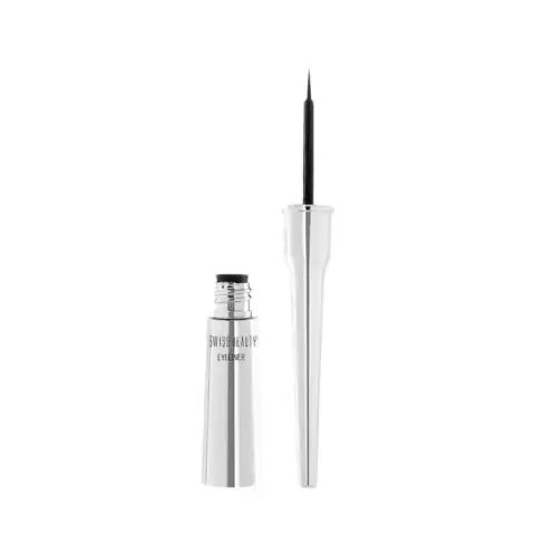 Swiss Beauty Jet Black Liquid Eyeliner in sleek black tube with gold cap, applicator extended.