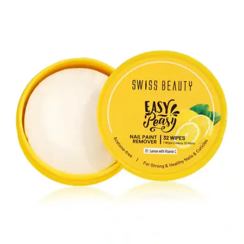 Swiss Beauty Easy Peasy Nail Paint Remover Lemon in a vibrant yellow pot with a white lid.