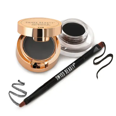 Swiss Beauty black 2-in-1 gel eyeliner and eyebrow pot, with angled applicator brush shown.