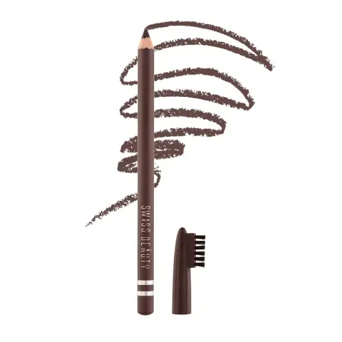 Angled Swiss Beauty dark brown wooden eyebrow pencil, showing sharpened tip on white.