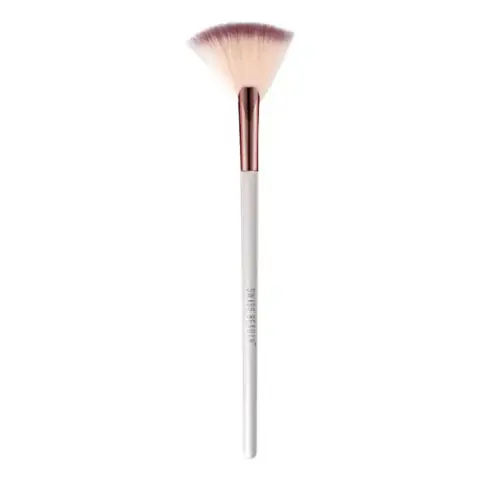 Swiss Beauty makeup fan brush showing soft, fanned bristles and a sleek black handle.