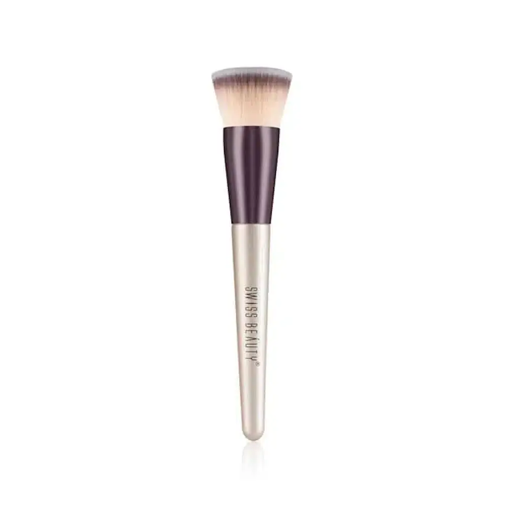 Swiss Beauty foundation blender brush featuring a sleek black handle and dense, two-tone synthetic bristles. - thumbnail