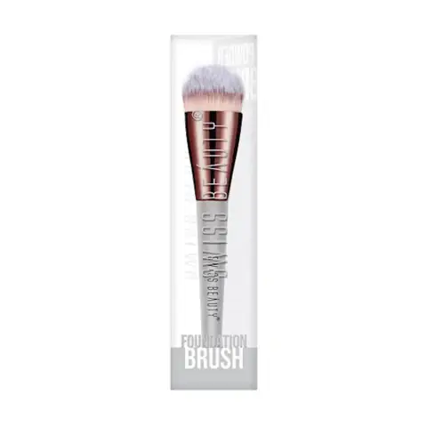 Swiss Beauty foundation brush with a sleek black handle, silver ferrule, and dense, soft brown bristles.