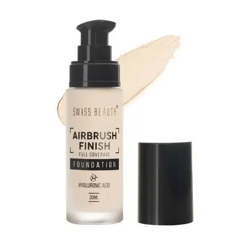 Swiss Beauty Full Coverage Foundation in Shell White, clear glass bottle with black pump and cap.