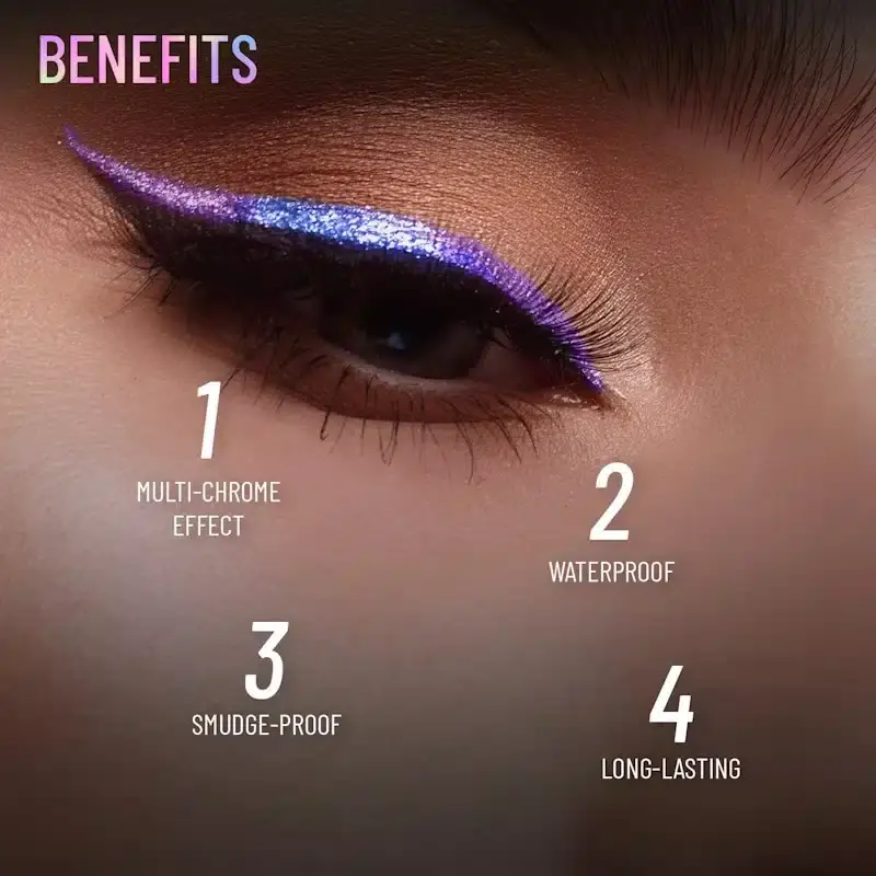 Close-up of Swiss Beauty Holographic Eyeliner Nebula 04 swatched on skin, showcasing iridescent shimmer. - thumbnail